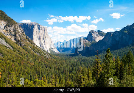 Yosemite National Park, California, panoramic view of the valley with the El Capitan and the Cathedral Spires mountains