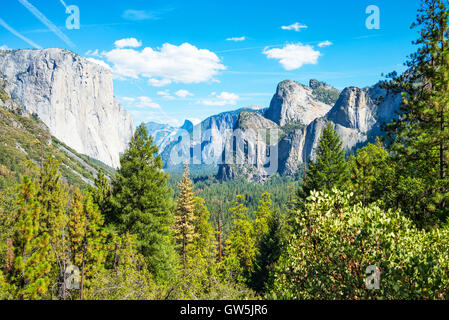 Yosemite National Park, California, panoramic view of the valley with the El Capitan and the Cathedral Spires mountains