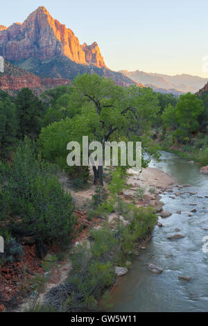 The Watchman and Virgin River from the Canyon Junction Bridge, Zion National Park, Utah, USA Stock Photo