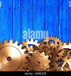 metal gear design blue rustic wood board. 3d illustration material design. background and texture. Stock Photo