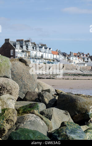 Main Street, Lower Largo, Fife, Scotland shot from the beachfront at low tide. Stock Photo