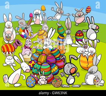 easter bunny big group cartoon Stock Vector