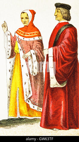 The Italian figures represented here date to A.D. 1400. They are, from left to right: a Florentine magistrate and a Venetian senator. The illustration dates to 1882. Stock Photo