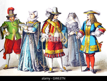 The figures represented here are all Germans in the 1600s. From left to right, they are: a man of rank, a woman of rank (1600-1650), a man of rank (around 1650), a woman of rank in mourning (1650-1700), and a man of rank (1690-1700). The illustration dates to 1882. Stock Photo