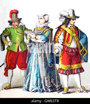 The figures represented here are all Germans in the 1600s. From left to right, they are: a man of rank, a woman of rank in mourning (1600-1650), and a man of rank (around 1650). The illustration dates to 1882. Stock Photo