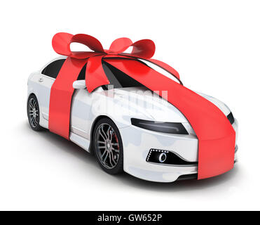 Car and ribbon gift on white background (done in 3d rendering) Stock Photo