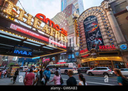 The AMC 25 Theatre and the Regal Cinemas in Times Square in New York on Tuesday, September 6, 2016. This summer saw Hollywood release a record 14 sequels with only four doing better than the original. The first 118 days of summer, a Hollywood studio benchmark, was up 35 from last year. (© Richard B. Levine) Stock Photo