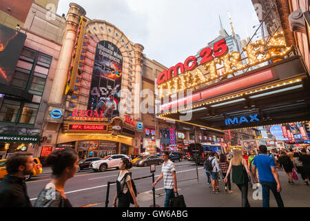 The AMC 25 Theatre and the Regal Cinemas in Times Square in New York on Tuesday, September 6, 2016. This summer saw Hollywood release a record 14 sequels with only four doing better than the original. The first 118 days of summer, a Hollywood studio benchmark, was up 35 from last year. (© Richard B. Levine) Stock Photo