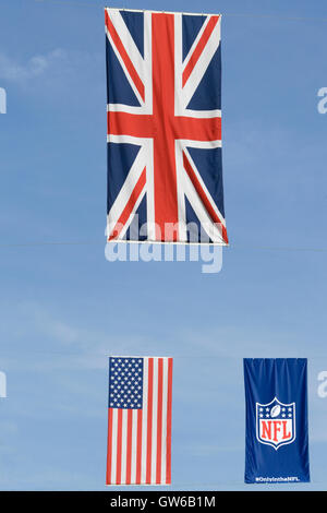 flags flying in regent street for  The NFL coming to London England Stock Photo