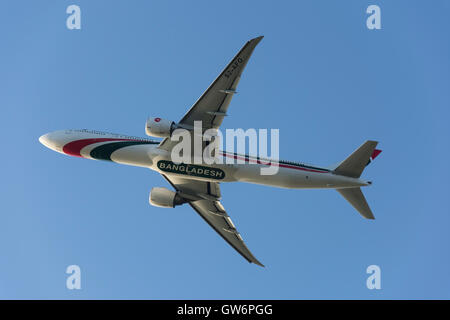 Biman Bangladesh Airlines Boeing 777-3E9(ER) taking off from Heathrow Airport, Greater London, England, United Kingdom Stock Photo