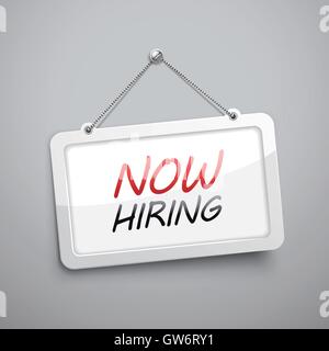now hiring hanging sign, 3D illustration isolated on grey wall Stock Vector