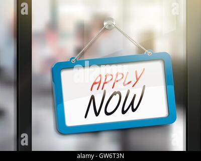 apply now hanging sign, 3D illustration isolated on office glass door Stock Vector