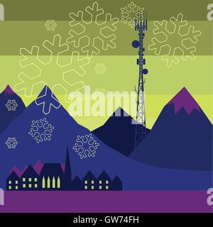 Mobile tower transmits snowflakes into the northern city Stock Vector