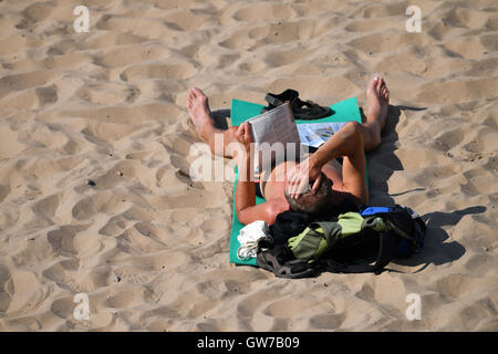 Berlin, Germany. 12th Sep, 2016. A sunbather at the Wannsee public bathing beach in temperatures of around 30 degrees Celcius, in Berlin, Germany, 12 September 2016. PHOTO: RALF HIRSCHBERGER/DPA/Alamy Live News Stock Photo
