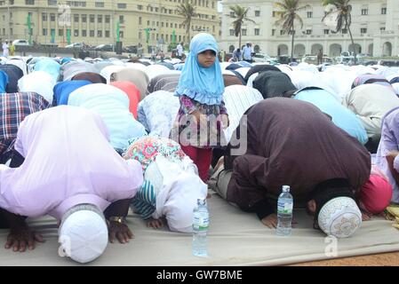 Colombo, Sri Lanka. 12th Sep, 2016. People attends a mass prayer to mark the Eid al-Adha festival at the Galle Face esplanade in Colombo, Sri Lanka, Sept. 12, 2016. Muslims across the world celebrate the Eid al-Adha festival, or the Festival of Sacrifice. Credit:  A. Rajith/Xinhua/Alamy Live News Stock Photo