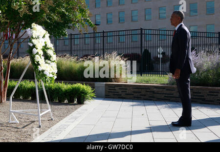WASHINGTON DC - SEPTEMBER 11: United States President Barack Obama lays a wreath at the Pentagon Memorial in Washington, DC during an observance ceremony to commemorate the 15th anniversary of the 9/11 terrorist attacks, Sunday, September 11, 2016.  Credit: Dennis Brack / Pool via CNP/MediaPunch Stock Photo