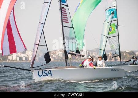 USA's Ryan Porteous and Maureen McKinnon in the SKUD18 class race during sailing competition at the 2016 Paralympics. Stock Photo