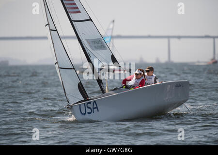 USA's Ryan Porteous and Maureen McKinnon in the SKUD18 class race during sailing competition at the 2016 Paralympics. Stock Photo