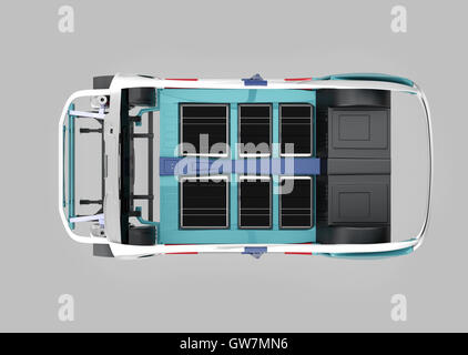 Top view of car body frame isolated on gray background. 3D rendering image. Stock Photo