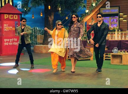 Katrina Kaif, British actress,  Sidharth Malhotra, Indian actor, Kapil Sharma, Indian stand-up comedian, television host, actor, producer, singer, Ali Asgar, Indian actor, stand-up comedian, promotion of film Baar Baar Dekho, Mumbai, India, Indian comedy show Stock Photo