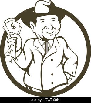Illustration of a businessman wearing fedora hat clutching bank notes in one hand and the the other hand on hips viewed from the front set inside circle done in cartoon style. Stock Vector
