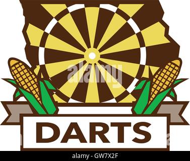 Illustration of a Iowa state map dart board and corn set on isolated white background with the word text Darts done in retro style. Stock Vector