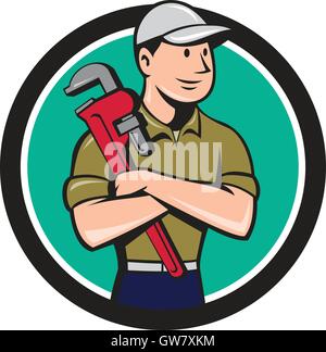 Illustration of a plumber wearing hat looking to the side arms crossed holding monkey wrench viewed from front set inside circle on isolated background done in cartoon style. Stock Vector