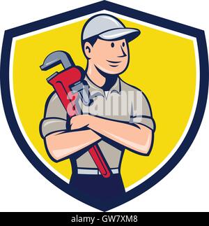 Illustration of a plumber wearing hat looking to the side arms crossed holding monkey wrench viewed from front set inside shield crest on isolated background done in cartoon style. Stock Vector