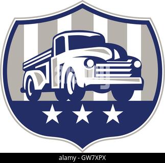 Illlustration of a vintage pick up truck set inside shield crest with usa american stars and stripes flag in the background done in retro style. Stock Vector