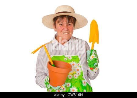 Female senior with garden tools - isolated on white background Stock Photo