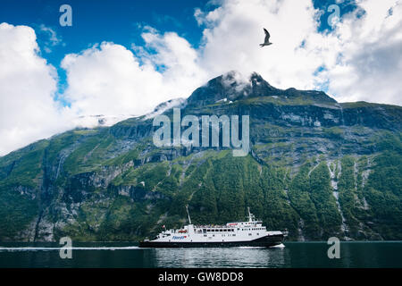 Passenger ferry in Geiranger fjord, Norway Stock Photo