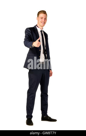 Full length portrait of young man with arms crossed isolated on white ...