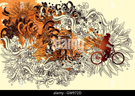 abstract autumn concept with floral line art and man ride a bicycle,illustration painting Stock Photo