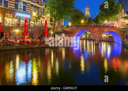 Night Dom Tower and bridge, Utrecht, Netherlands Stock Photo