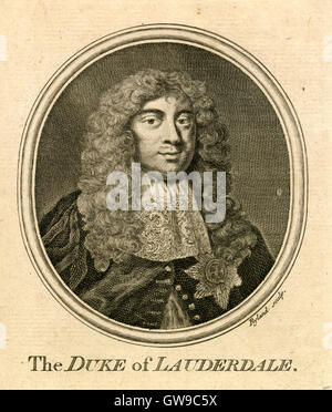 Antique c1780 engraving, The Duke of Lauderdale. John Maitland, 1st Duke and 2nd Earl of Lauderdale, 3rd Lord Thirlestane KG PC (1616-1682), was a Scottish politician, and leader within the Cabal Ministry. SOURCE: ORIGINAL ENGRAVING. Stock Photo