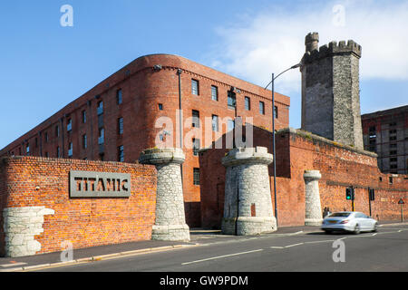 Themed Upscale Hotel RMS Titanic in converted dockside warehouse, situated in Bramley Moor Dock complex, Liverpool, part of the reconstruction and development planned for the World Heritage Site in Merseyside, UK Stock Photo
