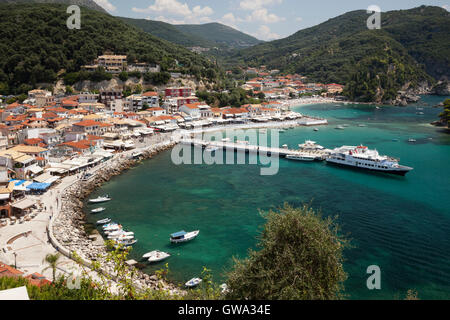 View of Parga town and harbour from the old hillside caslte, Greece Stock Photo