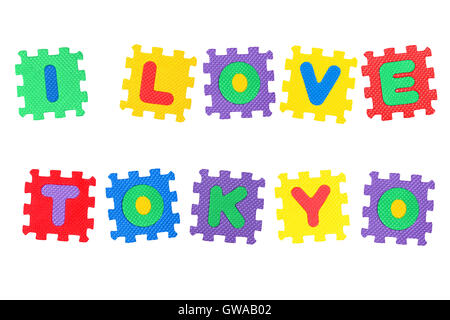 Message I Love Tokyo, from letters puzzle, isolated on white background. Stock Photo