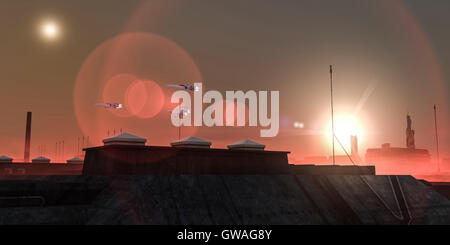 3d illustration of a sand storm in a futuristic Martian city Stock Photo