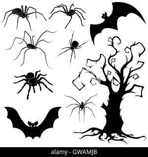 Halloween silhouette set of spiders, flying bats and old dried tree isolated on white background, hand drawing vector illustrati Stock Vector
