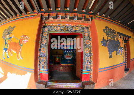 Traditional paintings inside the Paro Dzong, Paro, Bhutan. Stock Photo