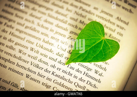 Heart-shaped sheet on a book page, Herzfoermiges Blatt auf einer Buchseite Stock Photo