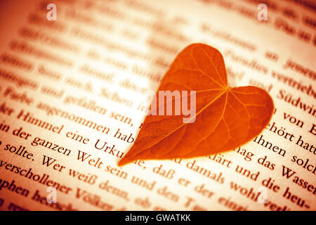 Heart-shaped sheet on a book page, Herzfoermiges Blatt auf einer Buchseite Stock Photo