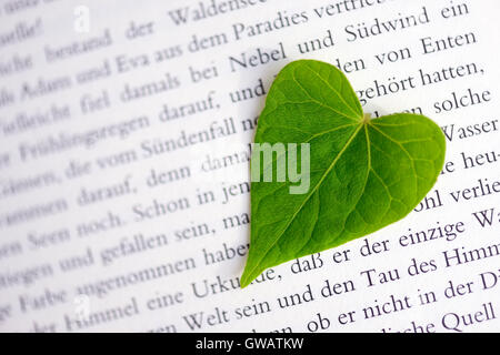 Heart-shaped sheet on a book page, Herzfoermiges Blatt auf einer Buchseite Stock Photo