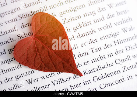 Heart-shaped sheet on a book page, Herzfoermiges Blatt auf einer Buchseite Stock Photo