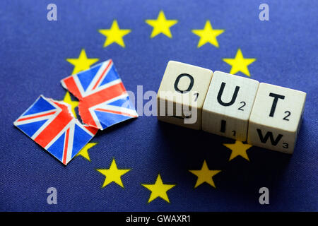 'EU flag with torn flag of Great Britain and stroke ''out'', symbolic photo Brexit', EU-Fahne mit zerrissener Fahne von Grossbri Stock Photo