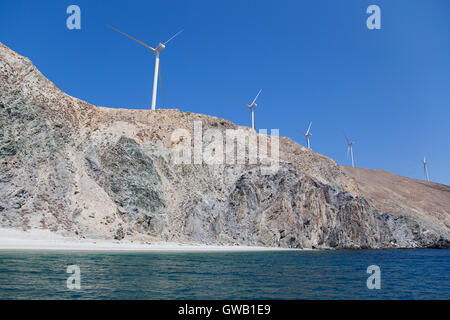 View at wind farm near Hydra island in Greece Stock Photo