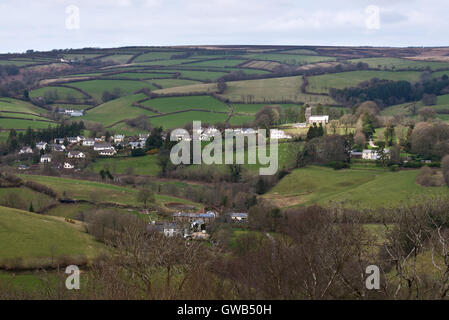 The Exmoor village of Exford in Somerset from Road Hill, part of the Exmoor National Park Stock Photo