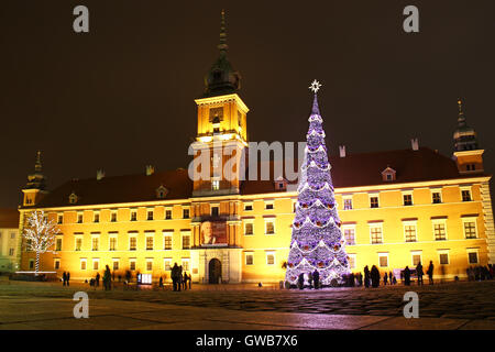 WARSAW, POLAND - DECEMBER 28, 2011: Christmas tree on the Castle Square in front of the Royal Castle Stock Photo