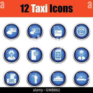 Set of twelve Taxi icons.  Glossy button design. Vector illustration. Stock Vector